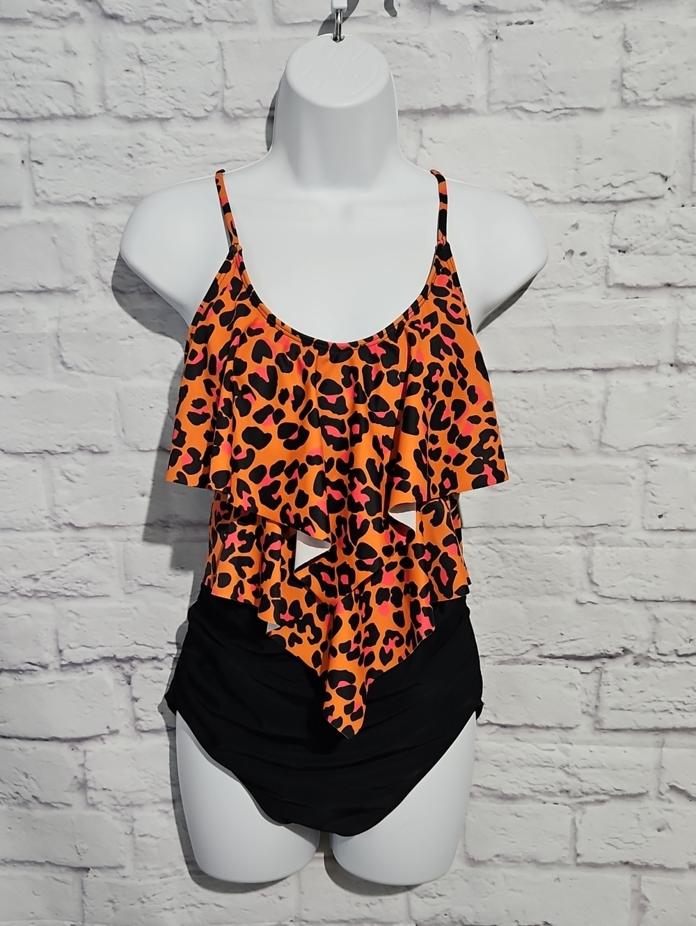 Ruffled Orange Leopard One-Piece Swimsuit with Black Bottom